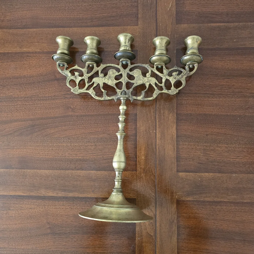 Antique Brass Five Branch Candelabra‎ ''Lions of Judah'' Judaic Candle Holder